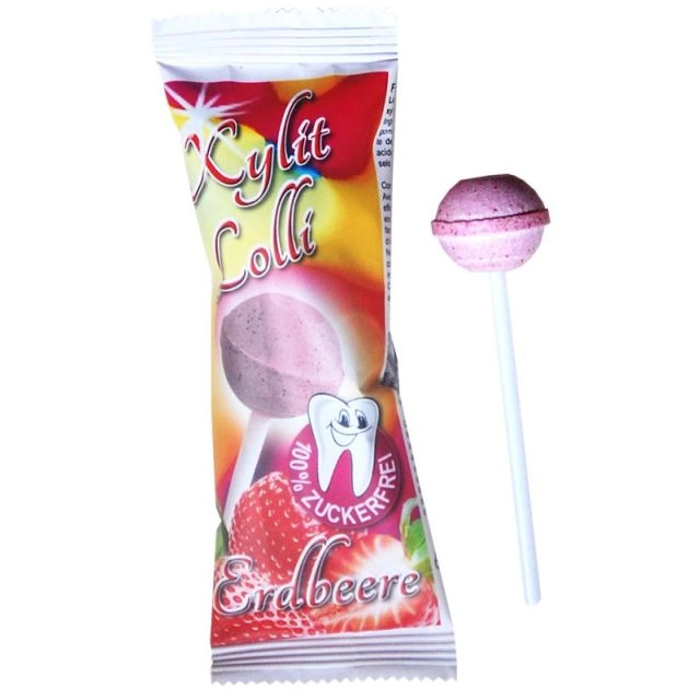 Erdbeer Lolli mit Xylit - zuckerfreier Lutscher, 1 Stk