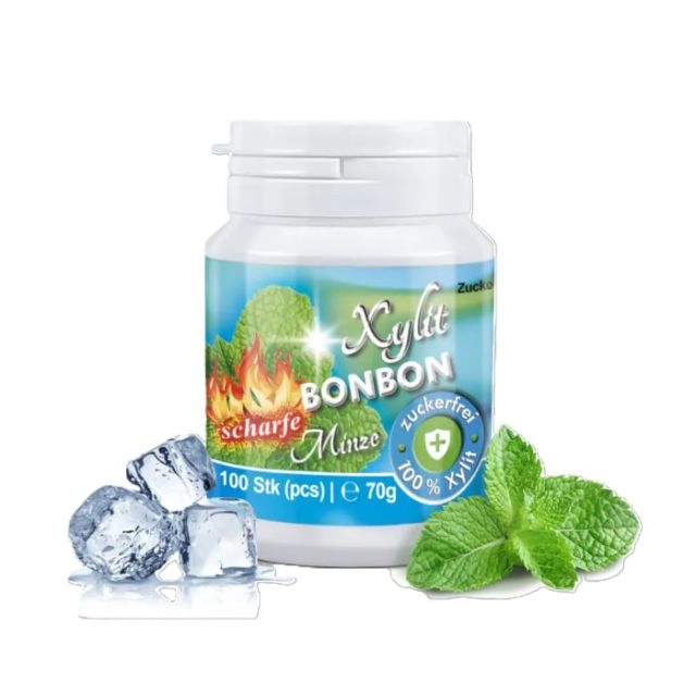 Birkenzucker Bonbons mit Xylit - SCHARFE MINZE, BiGPack 100 Stk, 70g je Dose, zuckerfrei