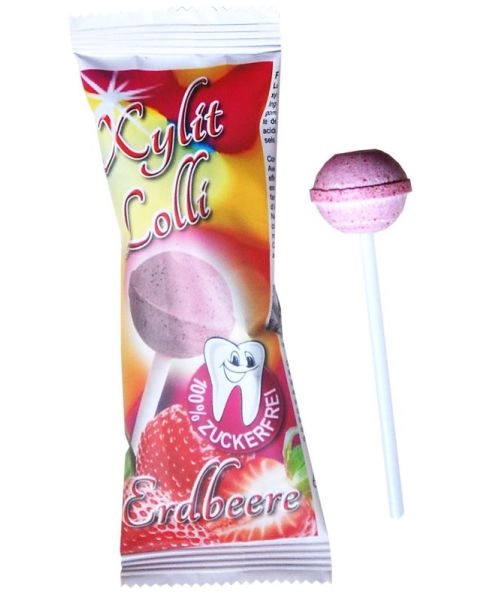 Erdbeer Lolli mit Xylit - zuckerfreier Lutscher, 1 Stk