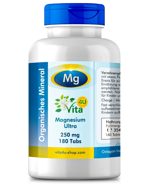 Magnesium Ultra 250mg, 180 Tabs - mit Magnesiumbisglycinat besonders bioverfügbar