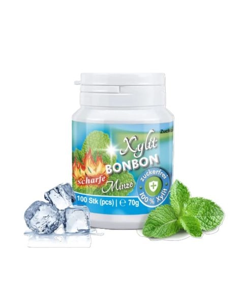 Birkenzucker Bonbons mit Xylit - SCHARFE MINZE, BiGPack 100 Stk, 70g je Dose, zuckerfrei